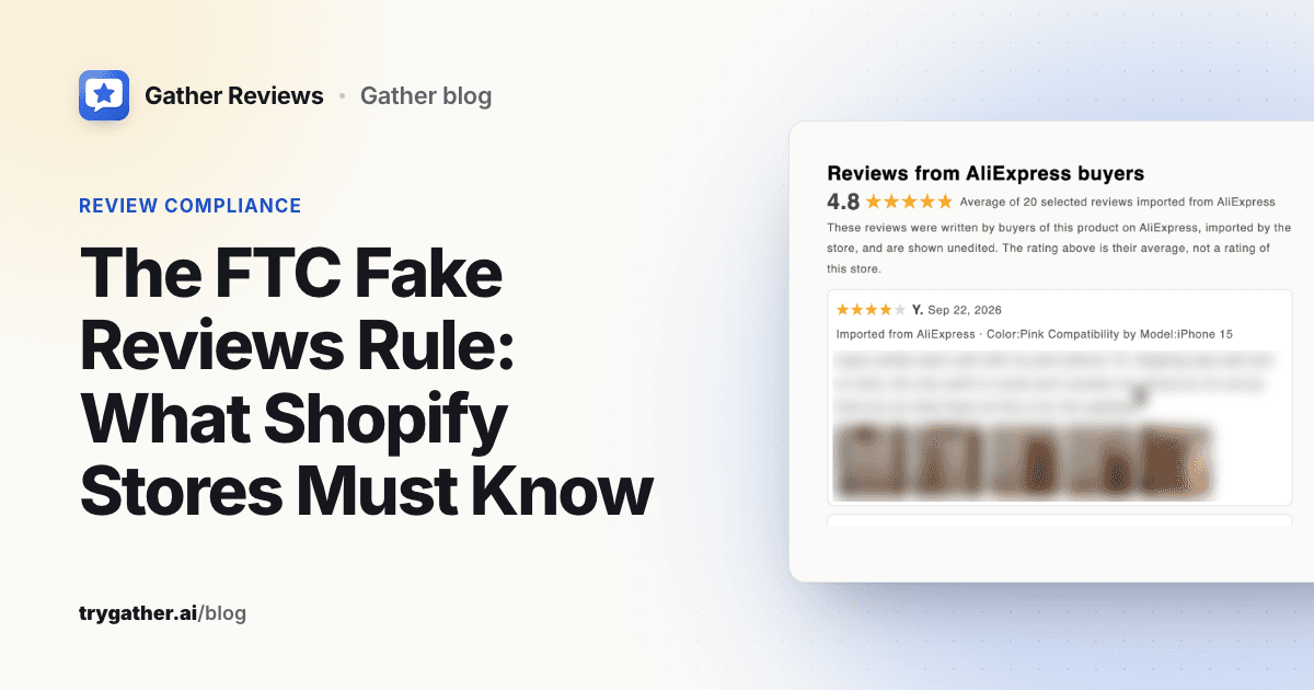 Title card for the FTC fake reviews rule guide beside a product page review section headed 'Reviews from AliExpress buyers' with its source disclosure