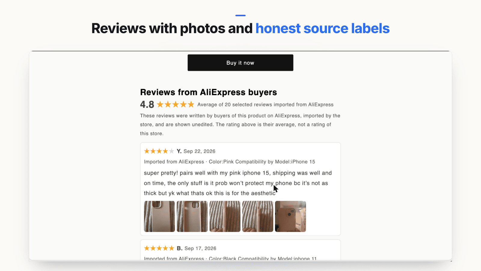 Storefront review section titled 'Reviews from AliExpress buyers' with a disclosure paragraph and an 'Imported from AliExpress' label on each review