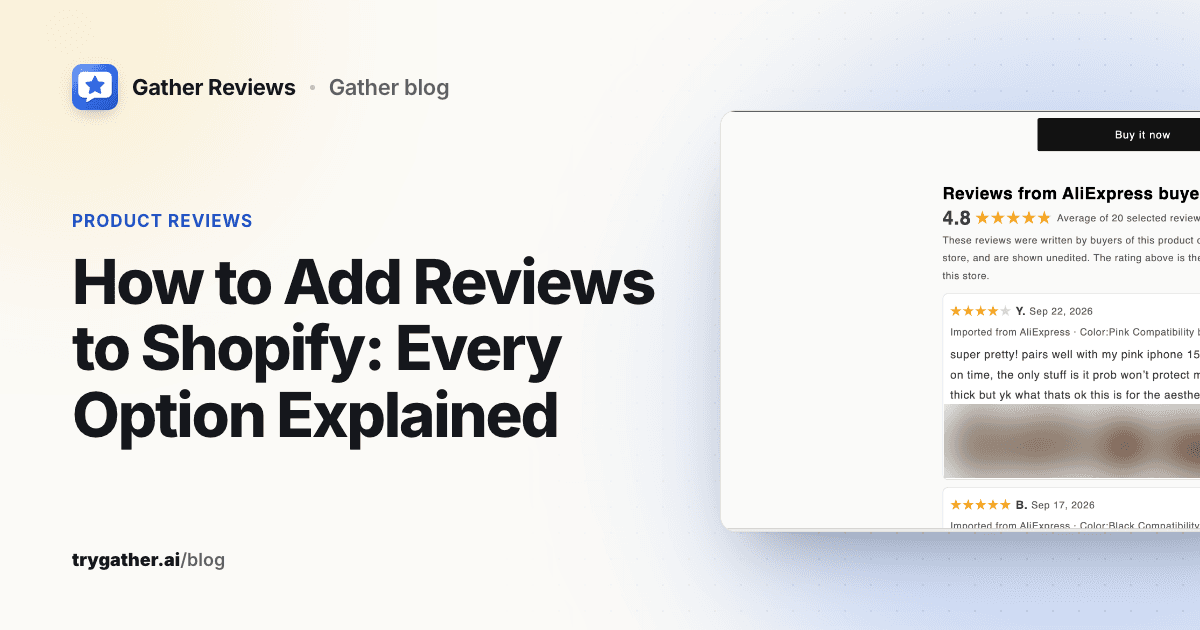 Shopify product page showing a 'Reviews from AliExpress buyers' section with photo reviews, each labeled 'Imported from AliExpress'