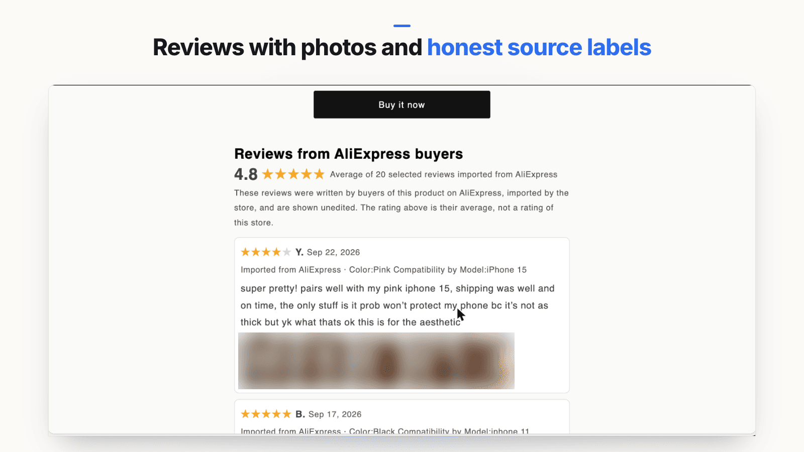 Storefront product page with a 'Reviews from AliExpress buyers' heading, an average rating labeled as the average of 20 selected imported reviews, a disclosure line and photo reviews labeled 'Imported from AliExpress'
