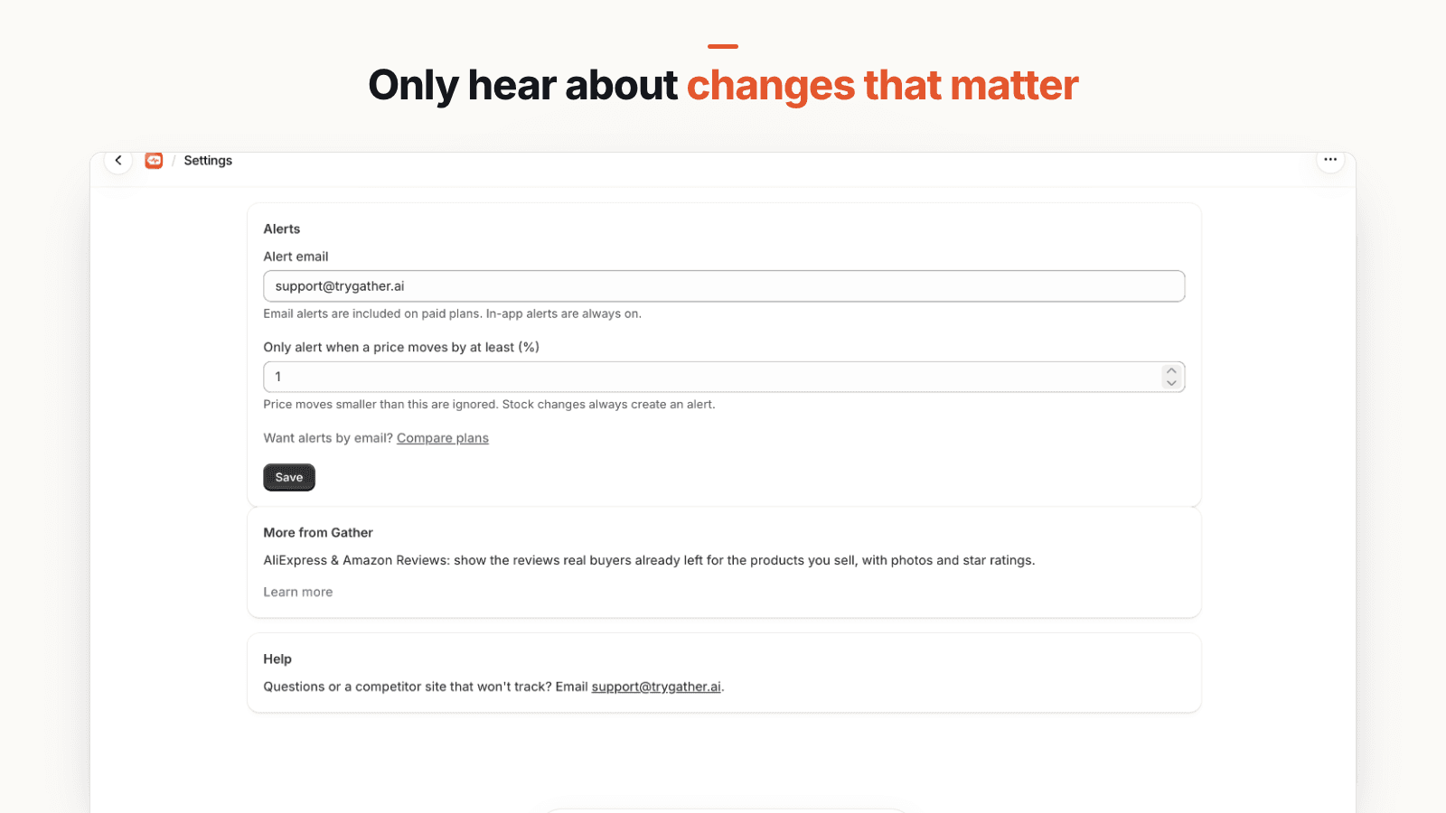 PricePulse settings page with an alert email field and a setting to only alert when a price moves by at least 1 percent, noting that stock changes always create an alert