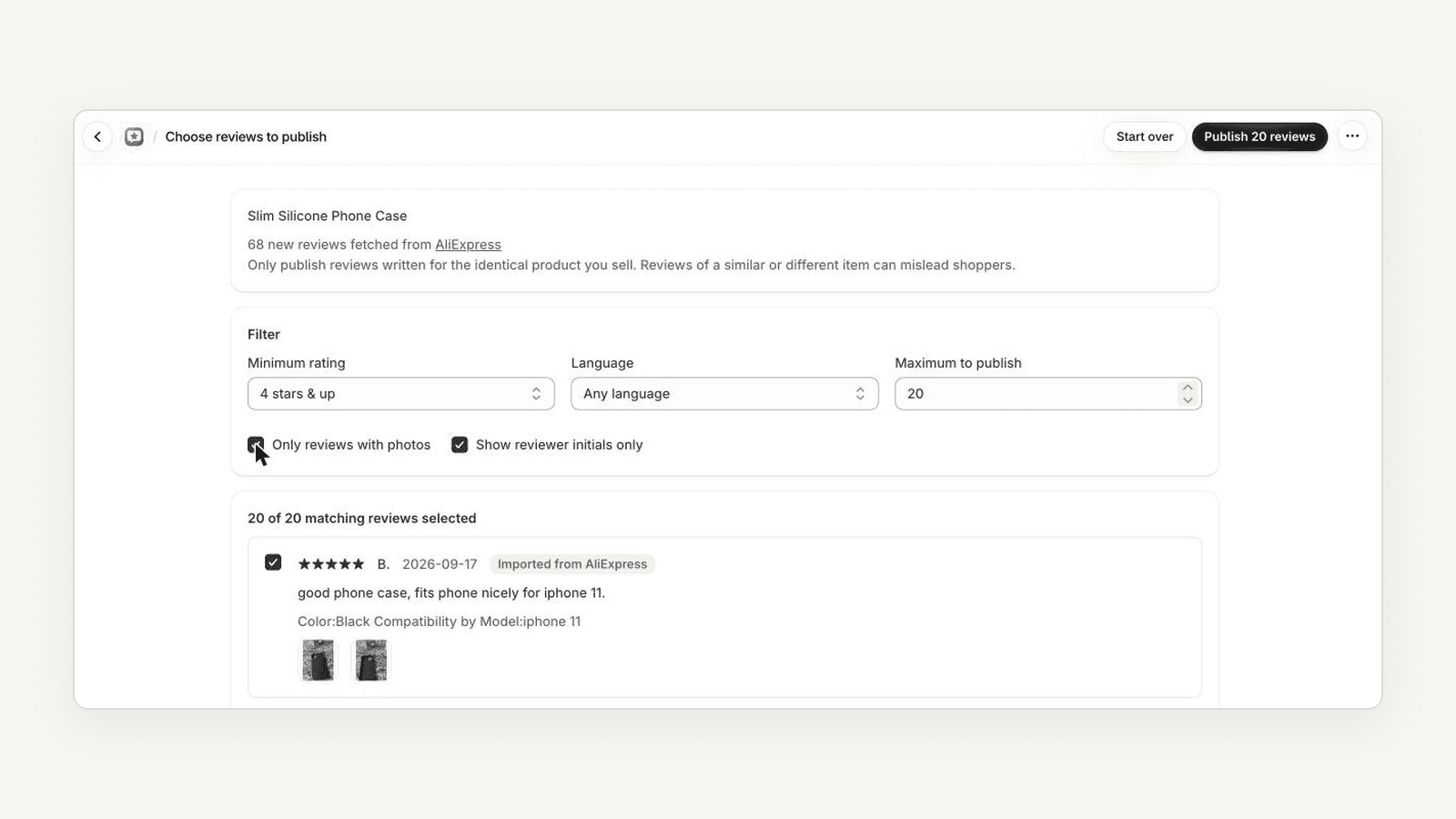 Gather Reviews screen for choosing reviews to publish, with a reminder to publish only reviews of the identical product, and filters for minimum rating, language, photos only and reviewer initials