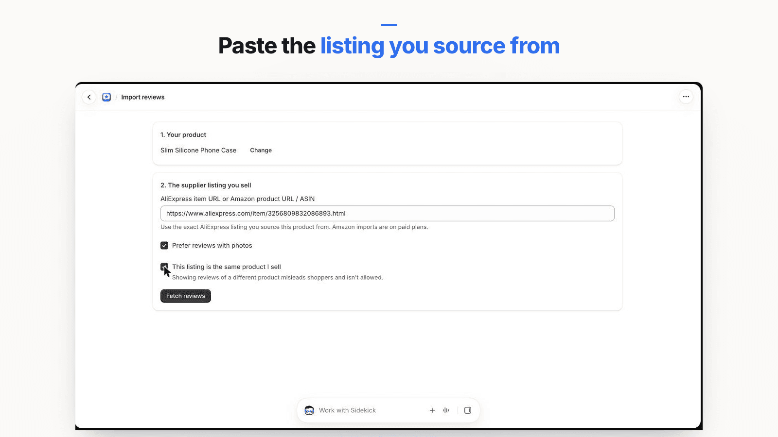 Import screen in the Shopify admin with a field for the AliExpress item URL and a required checkbox reading This listing is the same product I sell